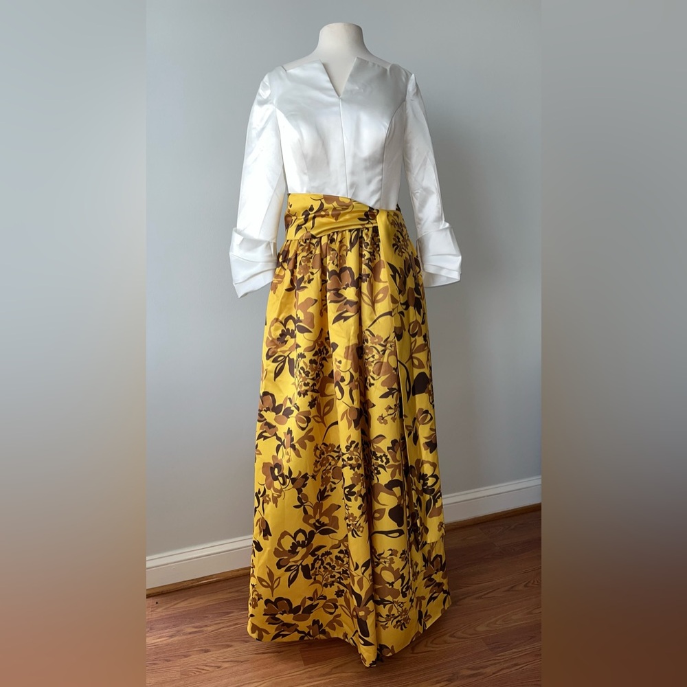 Formal gown 12 gold floral white top satin sash full length nwt